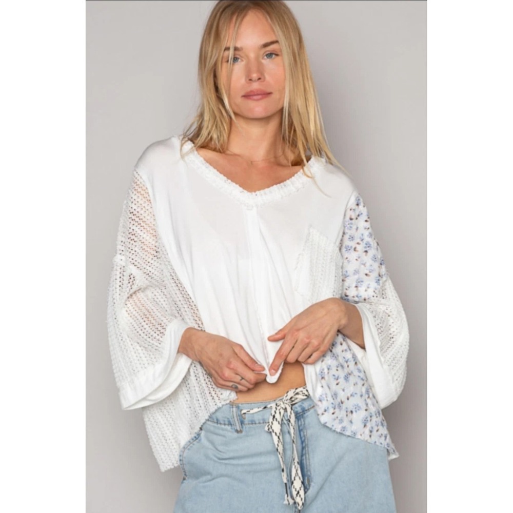 POL White Mixed-Media Crochet Shrug with Floral Panel